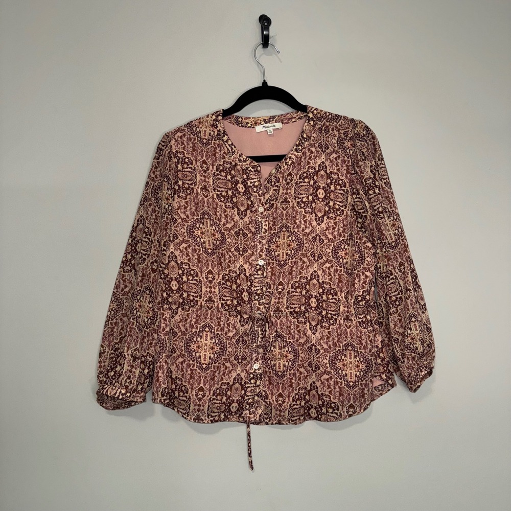 Madewell Mauve Medallion Print Button Front Drawstring Waist Blouse‎ Size M
